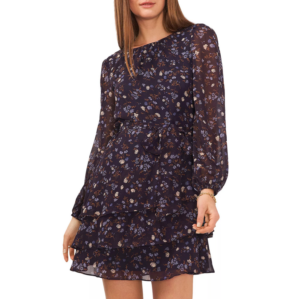 1.STATE Chiffon Floral Print Fit & Flare Dress Cool Tones Size S